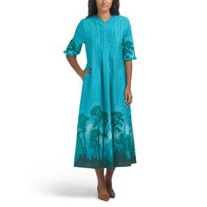 CELINA MOON Teal Green Short Sleeve Ruffle Collar Dress